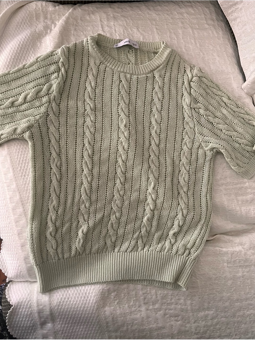 Mango pastel green Cable Knit Short Sleeve Sweater